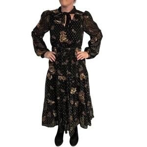 EXPRESS BLACK METALLIC FLORAL EMBROIDERED TIE NECK MIDI DRESS SZ S